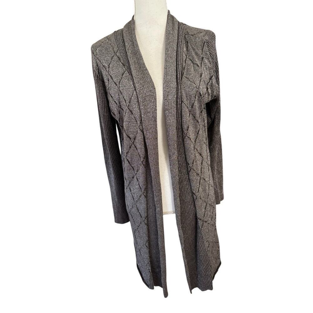 Belldini Womens Open Front Metallic Ribbed Knit Cardigan Silver XL